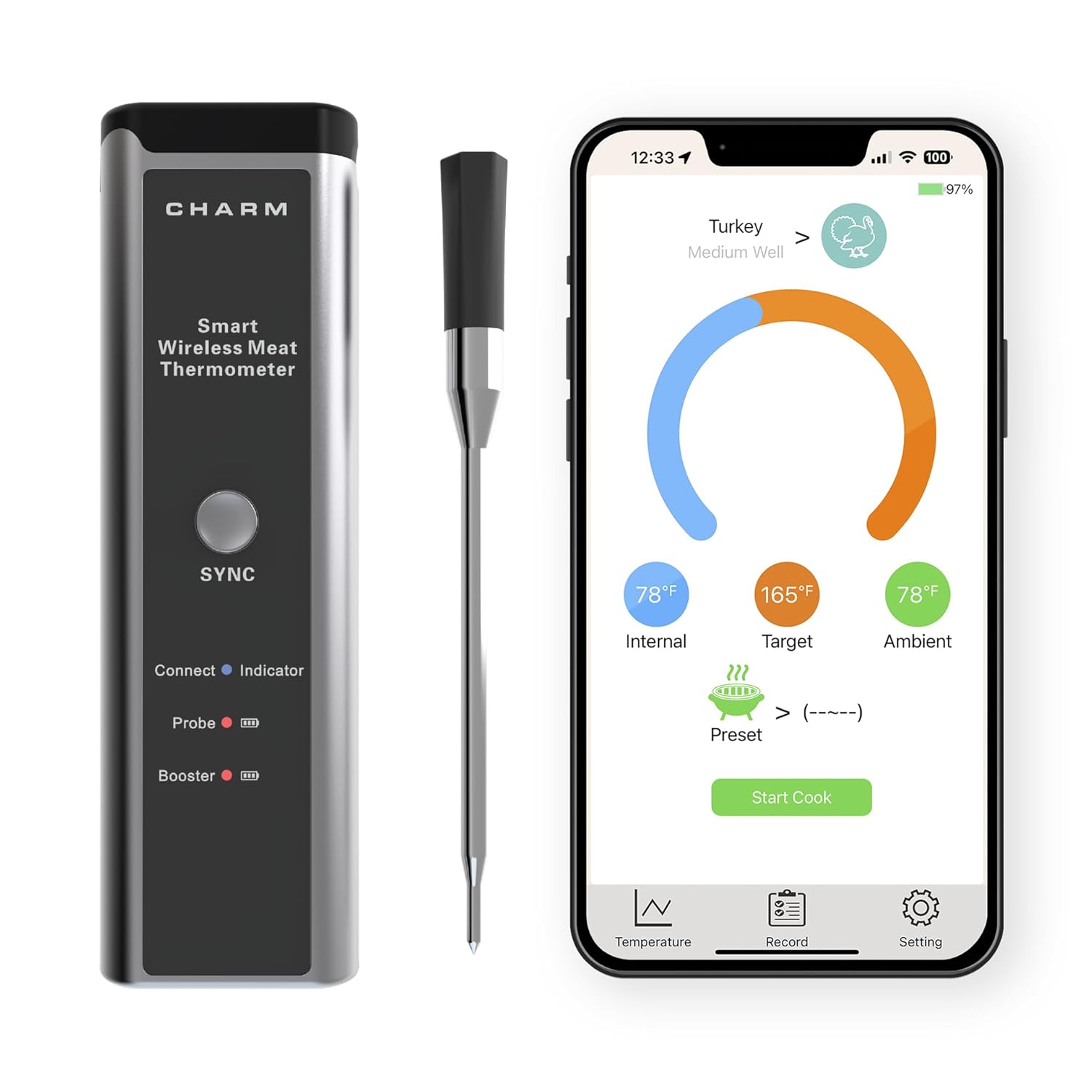Charm Smart Wireless Meat Thermometer 1000°F Open Flame Grilling - 500 ft Range Bluetooth Meat Thermometer for BBQ, Grill, and Smoker - Dual Temperature Sensors App-Controlled Food Thermometer
