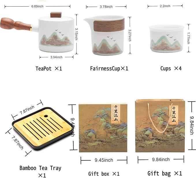 Chinese Tea Set, 7-Piece Ceramic Gongfu Set with Landscape Art, Teapot with Filter, Tea Cups, Serving Tray, Gift Box