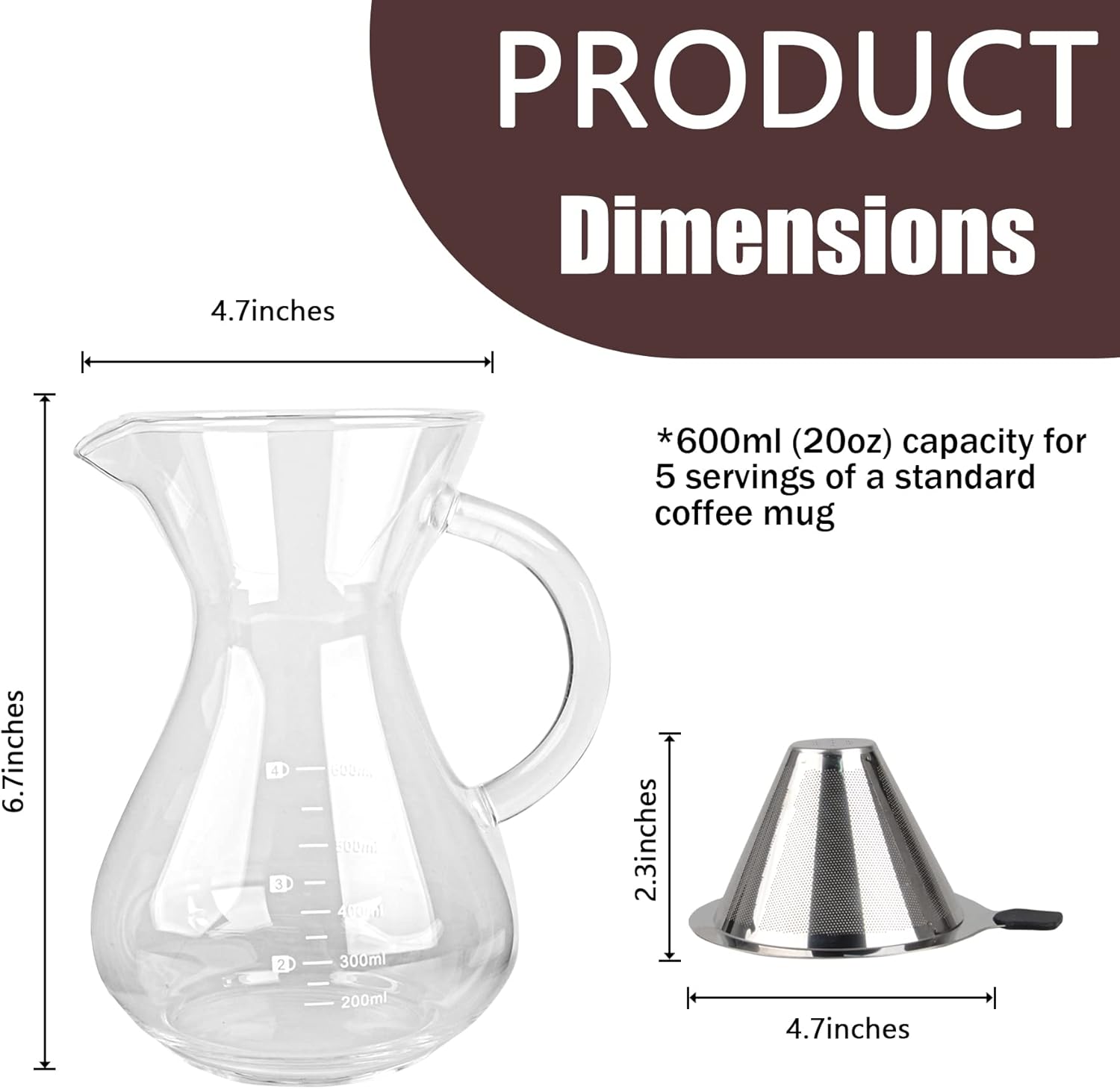 T-mark Pour Over Coffee Maker with Reusable Double-layer Stainless Steel Filter, 600ml/20oz BPA-Free Glass Coffee Carafe, Glass Coffee Maker, Coffee Dripper Brewer - Blissbrew