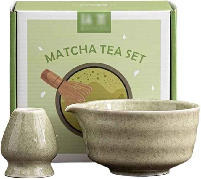 Ceramic Matcha Kit for Breakfast Afternoon Tea Contains Bowl Tea Brush Stand, Visiting Gifts Matcha Bowl Set Entertaining Guests Negotiating Business(Matcha Green-A)