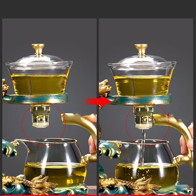 Glass Teapot Set Tea Maker with Infuser Semi Automatic Drip Rotating Cover Bowl Lazy Tea Set (Dragon, Single)