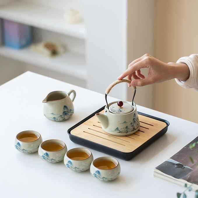 Chinese Gongfu Tea Set, 7-Piece Ceramic Set with Landscape Design, Travel Case, Spill-Proof Tray, Gift Box