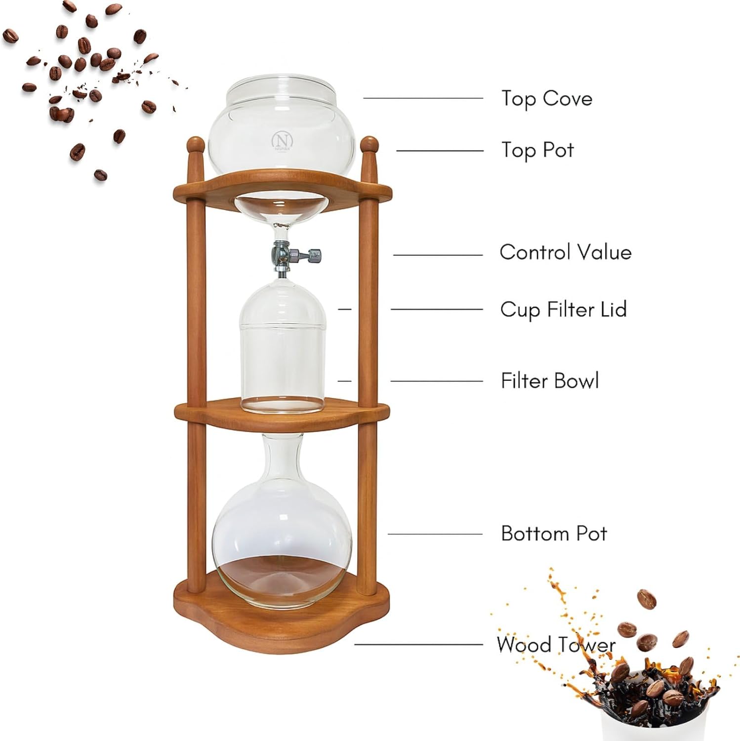 Nispira Cold Brew coffee Maker Ice Coffee Drip Machine with Advanced Slow Drip Technology Borosilicate Glass with Wood Tower, 6-8 Cup, Brown - Blissbrew