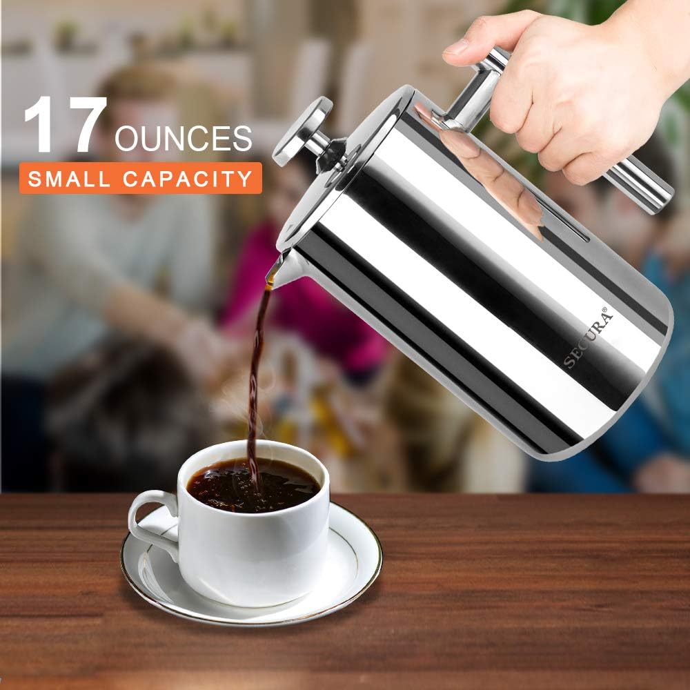 Secura French Press Coffee Maker, 304 Grade Stainless Steel Insulated Coffee Press with 2 Extra Screens, 17oz (0.5 Litre), Silver - Blissbrew