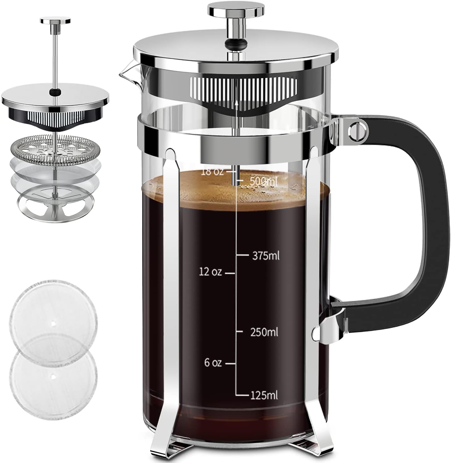 QUQIYSO French Press Coffee Maker 304 Stainless Steel French Press with 4 Filter, Heat Resistant Durable, Easy to Clean, Borosilicate Glass Coffee Press, 100% BPA Free Glass Teapot, 21 ounce, Silver - Blissbrew