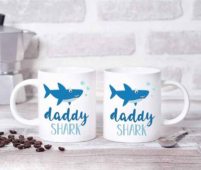 Andaz Press Baby Shark Gay Family 11oz. Coffee Mug Gift Set, Daddy Shark, Daddy Shark, 2-Pack, Shark Do Do Do Gift Idea Birthday Christmas Gifts for Father's Day