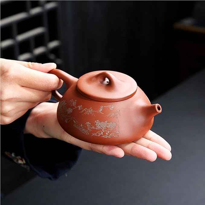 Zisha Teapot Teacup Set, 6 oz Chinese Yixing Purple Clay Tea Pot with 4 Clay Tea Cups, Hand-carved Chinese Characters Kung Fu Infuser Tea Kettle for Loose Leaf Portable Travel Tea Sets