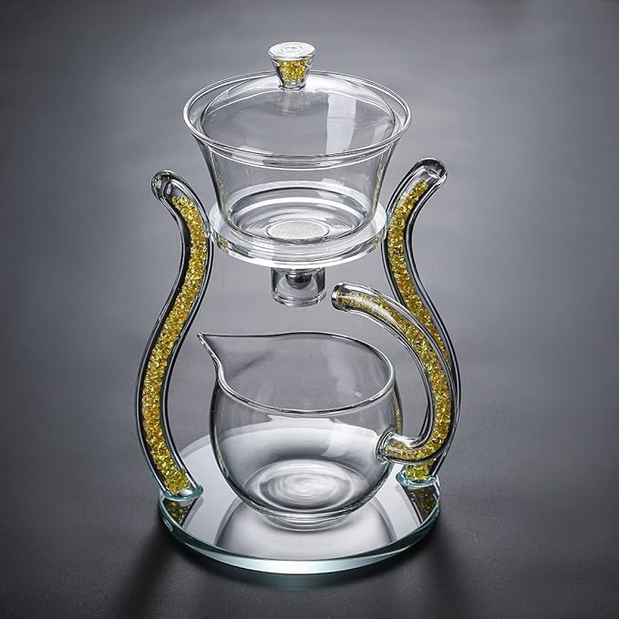 RORA Lazy Kungfu Glass Tea Set Semi Automatic Drip Rotating with Infuser Glass Teapot Set (6 cups)