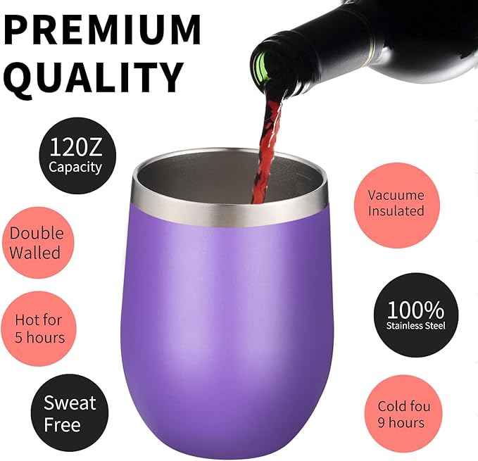 12oz/6 Pack Wine Tumbler Glasses with Lid Stemless Double Wall Vacuum Stainless Steel Travel Tumbler Keeping Cold & Hot for Wine,Coffee,Cocktails,Christmas Drinks-Family and Gifts