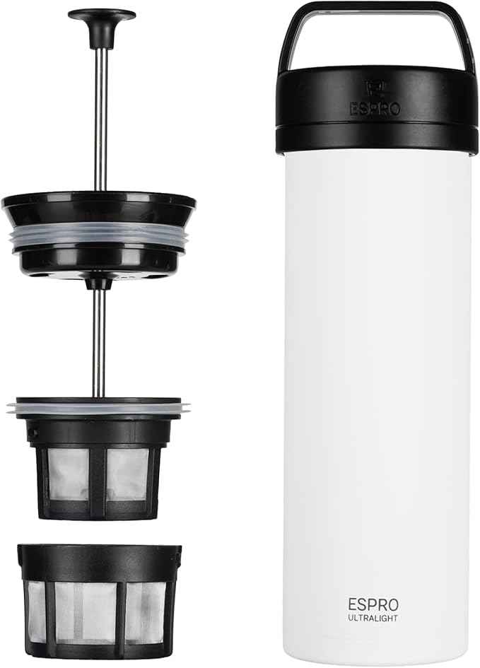 ESPRO P0 Ultralight French Press Coffee Maker for Travel, Vacuum Insulated Stainless Steel, 16 Ounces, Chalk White