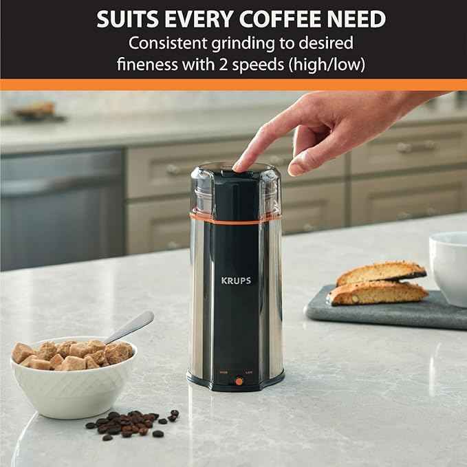 KRUPS: 3oz Coffee Grinder, Ultimate Silent Vortex Plastic and Stainless Steel Grinder with Removable Bowl Mess-Free, 8 Times Quieter, 2 Speeds 240 Watts,Dry Herbs,Dishwasher Safe,12 cups ground Silver