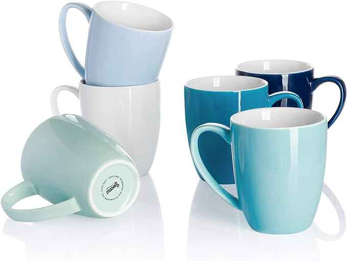 Sweese Porcelain Coffee Mugs - 12 Ounce - Set of 6, Cups for Latte, Hot Tea, Cappuccino, Mocha, Cocoa, Multicolor, Blue Assorted Colors
