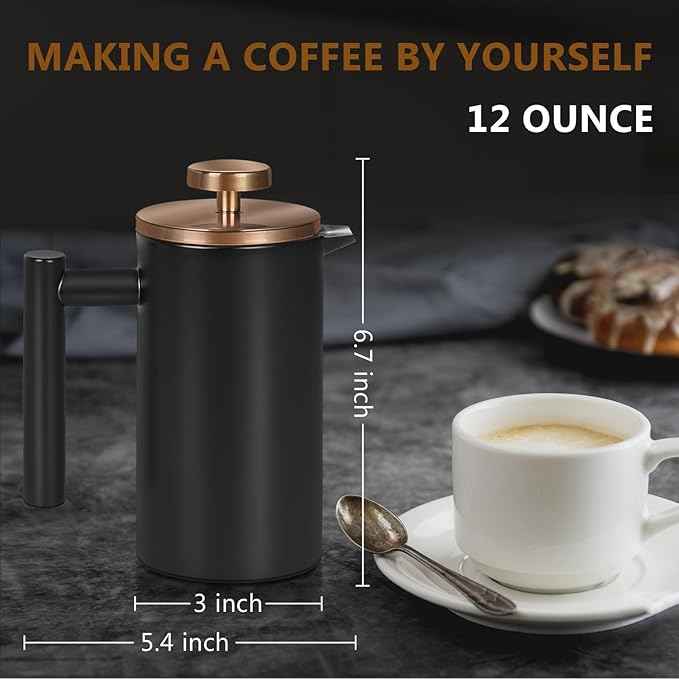 Black Mini French Press Coffee Maker 12oz, Single Cup French Press with Rose Gold Lid, 3 Extra Filters & 1 Gold Spoon(350ml Compact Travel Size) Dishwasher Safe