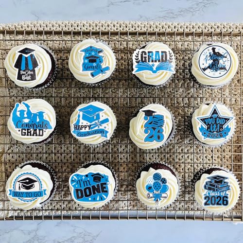 48Pcs Edible Graduation Cap 2026 Cupcake Toppers Wafer Paper Grad Cap Diploma Cake Decoration Picks for 2026 Grad Theme Party Cake Decor Supplies Black Blue (48 Count)