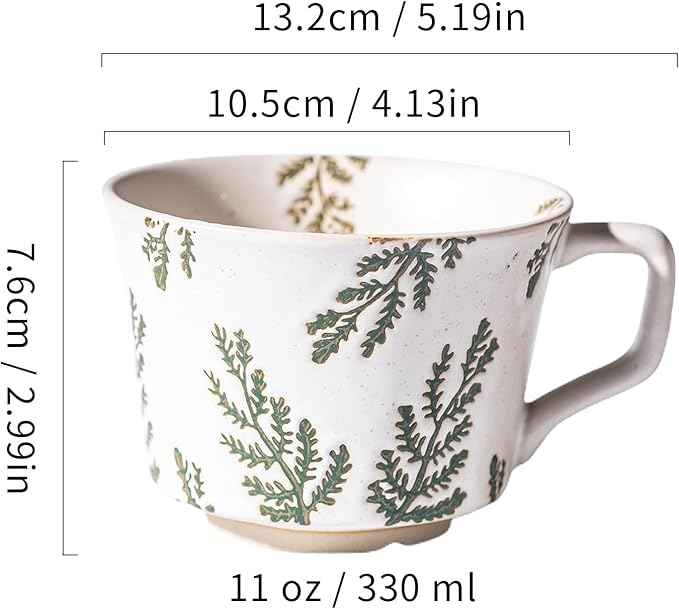 Mug Set of 2 Coffee Mugs Set 11 Ounce, Porcelain Cups for Latte, Hot Tea, Cappuccino, Cocoa, Soup, Dishwasher, Microwave Safe, Christmas Gift Set (Willow leaf & Vines)