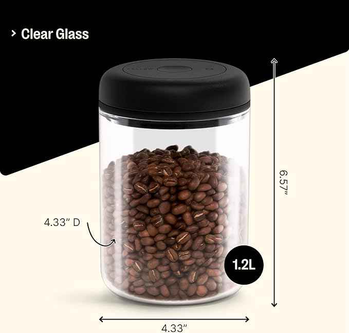 Fellow Atmos Vacuum Coffee Canister & Food Storage Container - 1.2 Liter Canister holds up to 16 oz of Coffee Beans - Airtight Food Storage Containers - Coffee Containers - 1.2 Liter - Clear Glass