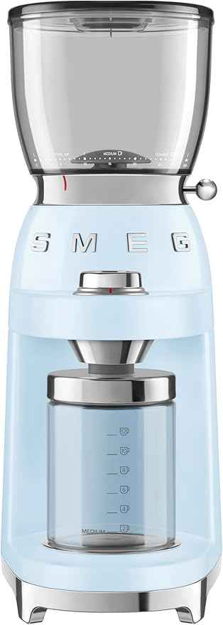 SMEG CGF11 Retro-Style Coffee Grinder – Burr Mill with 30 Grind Settings, Stainless Steel Conical Burrs, Removable Hopper – Precision Countertop Grinder for Espresso, Drip, French Press-Pastel Blue