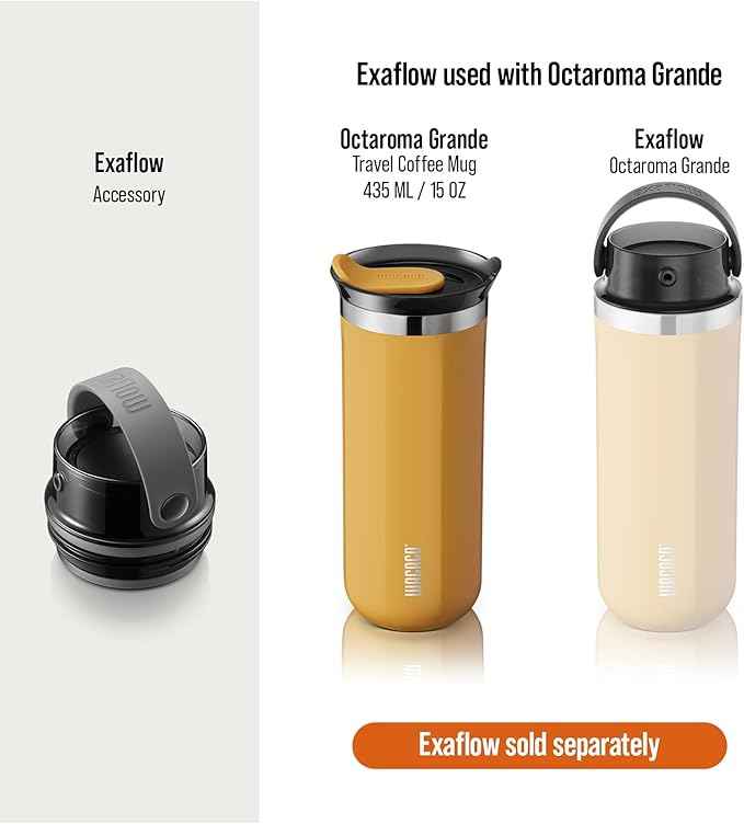 WACACO Octaroma Grande Vacuum Insulated Coffee Mug, 15 fl oz (435ml), Double-wall Stainless Steel Travel Tumbler With Drinking Lid, Amber Yellow
