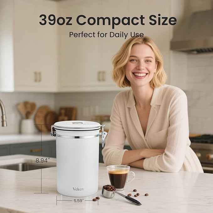 Veken Coffee Canister, 39OZ Large, Airtight Stainless Steel Food Storage Container for 2.2lbs Coffee Beans, Ground, Sugar, Tea, Flour, Cereal, Kitchen Bar Accessories with Date Tracker & Scoop, White