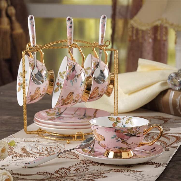 Coffee Mugs Pastoral Bird Bone China Tea Cup Saucer Spoon Set Europe Porcelain Coffee Cup 200ml Mug Tray Cafe Tumbler Party Drinkware Mug Set