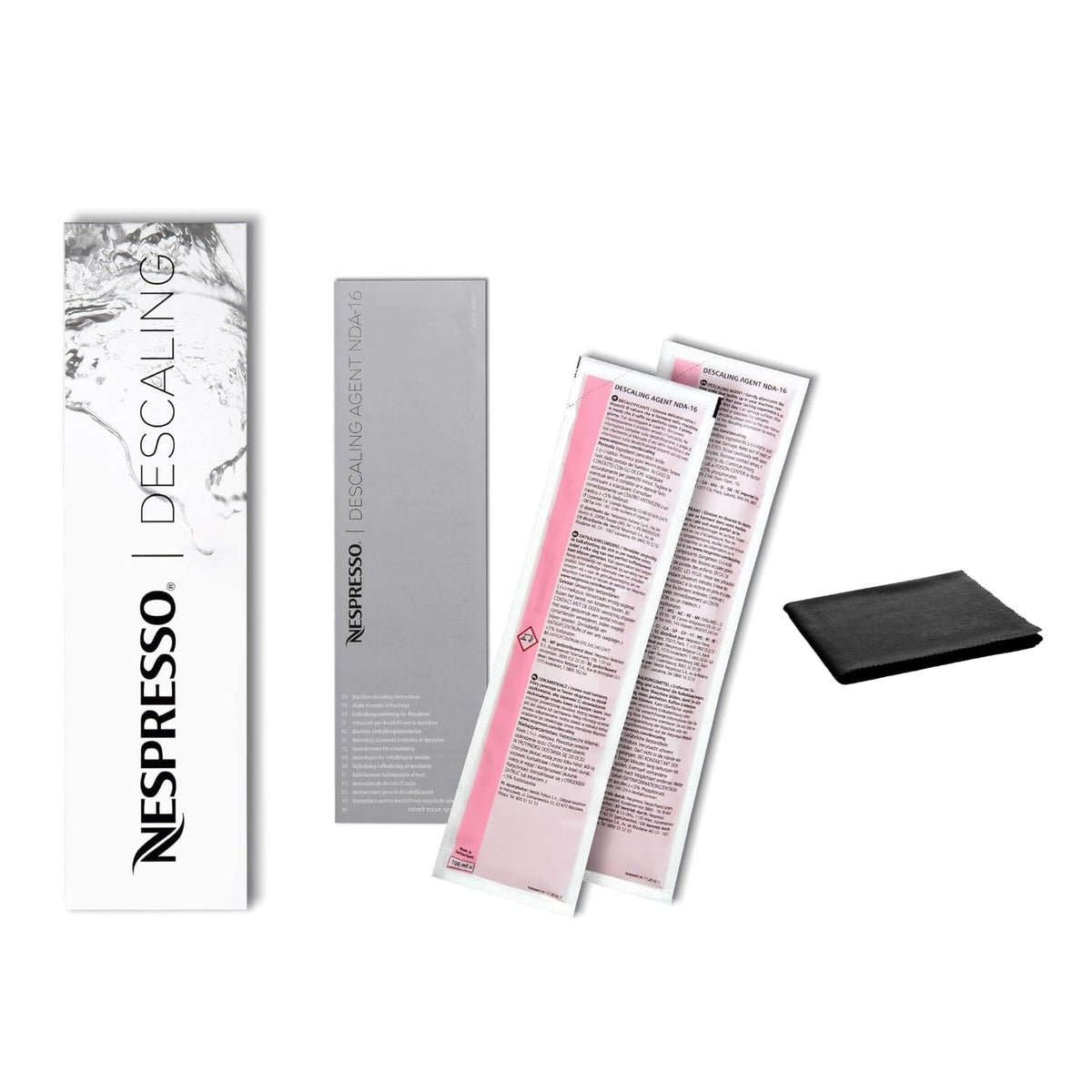 Espresso machine descaling kit with 2 packets of liquid descaler