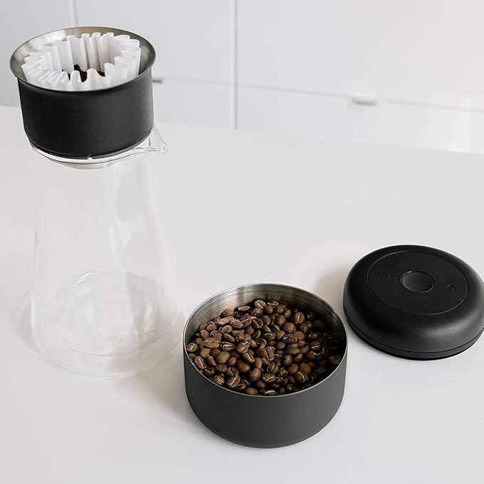 Fellow Atmos Vacuum Coffee Canister – Stainless Steel Airtight Food Storage Container for Ground Coffee, Beans, Espresso, Tea & Spices, BPA-Free Vacuum Seal Lid – 0.4 Liter (Holds 6 oz) Matte Black