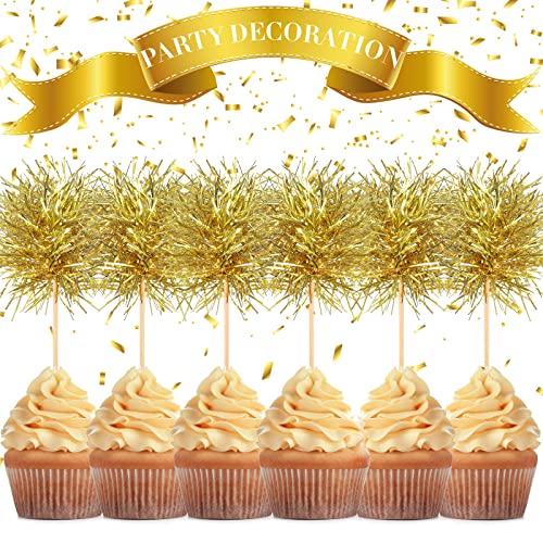 100 Pcs Foil Firework Cupcake Toppers Gold Sparkle Tinsel Cake Toppers New Years Cake Decoration Cocktail Fruit Toothpick for Birthday Wedding Graduation Party