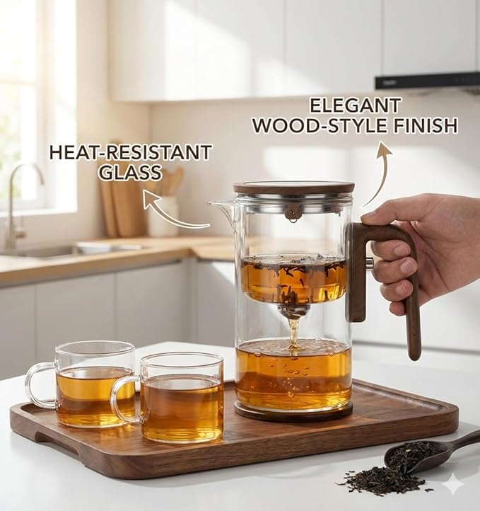 MIIKA Magic Glass Tea Pot with Infuser for Loose Tea – Bottom Dispense Stainless Steel Strainer, Borosilicate Glass, Elegant Tea Scoop, Protective Base and Drip-Free, Easy-to-Clean Design