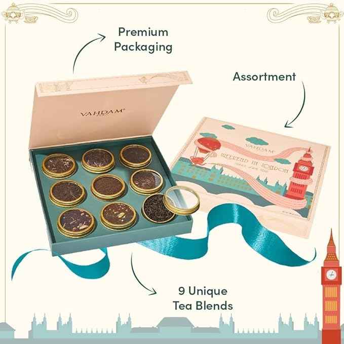 VAHDAM Weekend in London Tea Gift Set Travel Edition Gift Box | 9 Varieties of Chai & Black Tea | Gluten-Free, Non-GMO | Gift for Women & Men