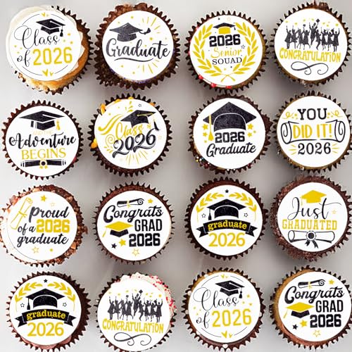 48Pcs Edible Graduation Cap 2026 Cupcake Toppers Wafer Paper Grad Cap Diploma Cake Decoration Picks for 2026 Grad Theme Party Cake Decor Supplies Black White Gold (48 Count)