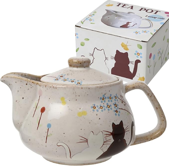 10oz Cat kyusu Kutani Yaki(ware) Japanese CeramicTeapot with Removable Infuser, Stovetop Safe Tea Kettle, Blooming and Loose Leaf Tea Maker Set (Cat, White)