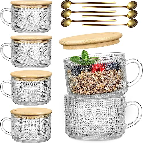 6 Pack 14oz Vintage Glass Coffee Mugs with Bamboo Lids and Spoons (6 Count)