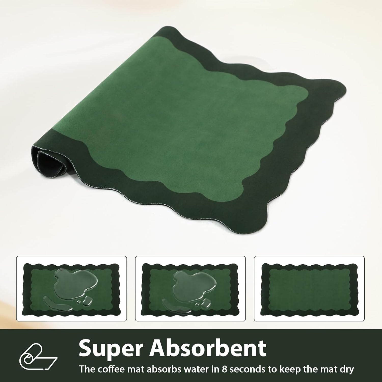 Scalloped Coffee Bar Mat for Countertop, Cute Dish Drying Mats for Kitchen Counter, Diatomite Absorbent Mat for Coffee Station, Kitchen Aesthetic Decor (16"x24", Green)