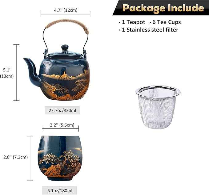 Gift Set Japanese Tea Set, Asian Black Glazed Ceramic Tea Set - Contains 1 Teapot, 1 Tea Strainer and 6 Teacups. Ideal for Home, Outdoor, Office (Blue1)