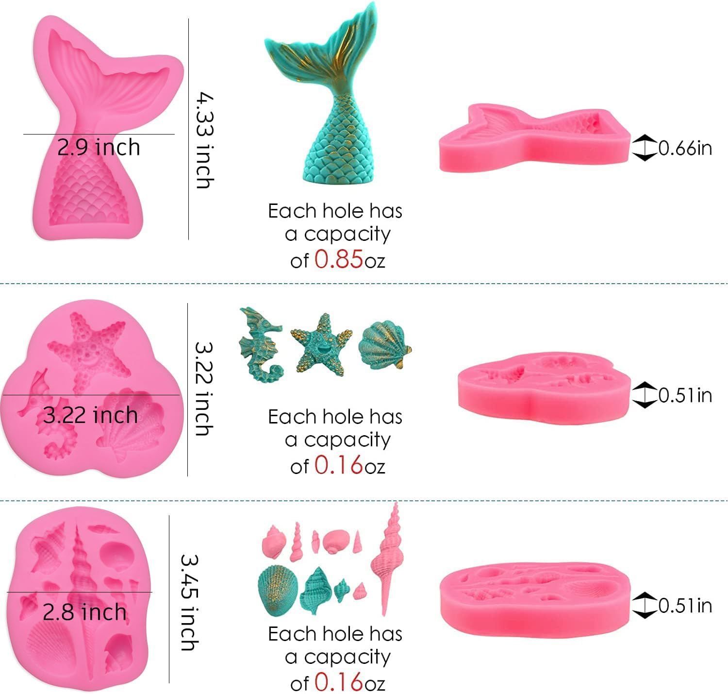 SAKOLLA Mermaid Theme Silicone Fondant Mold - Mermaid Tail Seashell Starfish Hippocampus Conch Silicone Mold for Under The Sea Cake Decoration, Gum Paste, Polymer Clay, Cupcake Decor, Sugar Craft