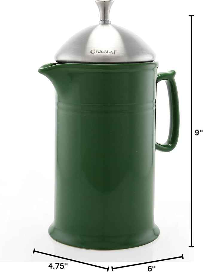 Chantal Stoneware French Press with Stainless Steel Plunger and Lid, 28 ounce capacity, Green