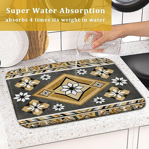 Boho Yellow Gray Aztec Dish Drying Mat for Kitchen Counter