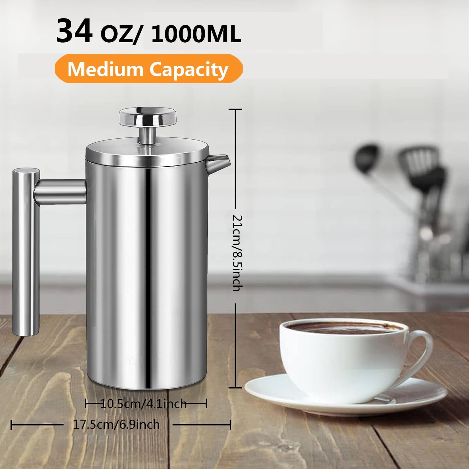 French Press Coffee Maker 34oz, Double-Wall Insulated French Press Stainless Steel 1L for travel camping, Included 2 Extra Screens and 1 Coffee Spoon （6-8cup 1000ml） - Blissbrew