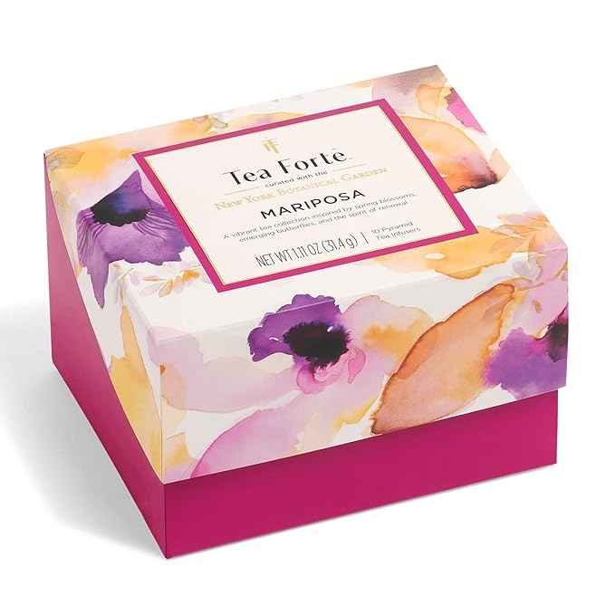 Tea Forte Mariposa 3-Piece Premium Tea Gift Set with Rose Pink Cafe Cup and Lid, Tea Tray and 10 Count Mini Presentation Box, 2 of Each Blend Handcrafted Pyramid Infuser Tea Bags