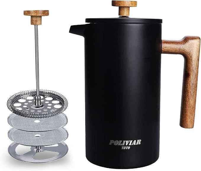 POLIVIAR French Press Coffee Maker, 34 Ounce Coffee Press with Real Wood Handle, Double Wall Insulation & Dual- Filter Screen, Food Grade Stainless Steel for Good Coffee and Tea (Vintage)