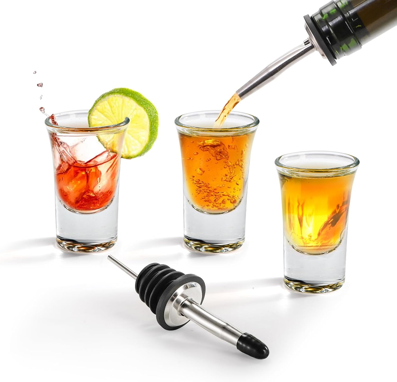 Tebery 30 Pack Shot Glass Bulk Heavy Base, 1.2 Oz Tequila Glass Set with 2 Bottle Pourer, Clear Small Whiskey Shot Glass Cups for Vodka, Liquors, Cocktail, Espressos, Bar