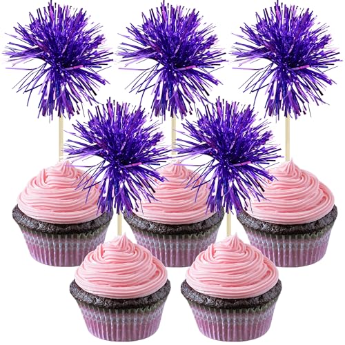 30Pcs Foil Firework Cupcake Toppers Sparkle Tinsel Cake Toppers Tinsel Drink Cake Decoration Cocktail Picks for Birthday Wedding Graduation Party Supplies Dark Purple (30 Count)