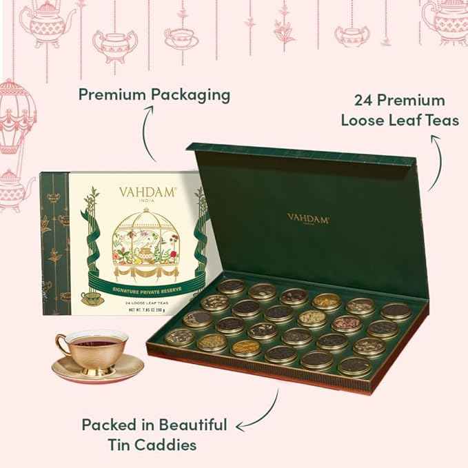 VAHDAM, Luxury Tea Gift Set | 24 Unique Loose Leaf Teas in Tin Caddies - Premium Tea Gift Box |Gluten Free & Non GMO | Gifts for Women, Men & Adults