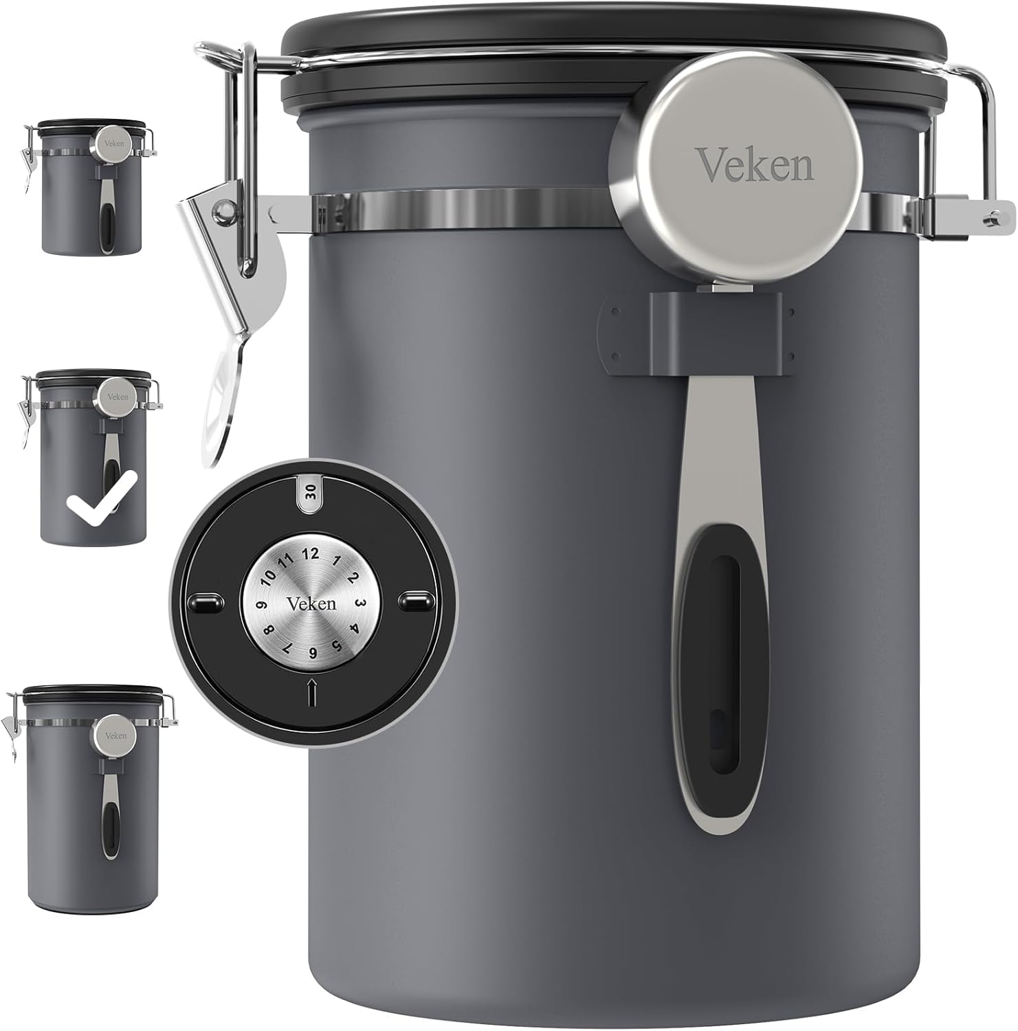 Veken Coffee Canister, Airtight Stainless Steel Kitchen Food Storage Container with Date Tracker and Scoop for Grounds Coffee, Beans, Tea, Flour, Cereal, Sugar, Cookies Jars, 22OZ Gray