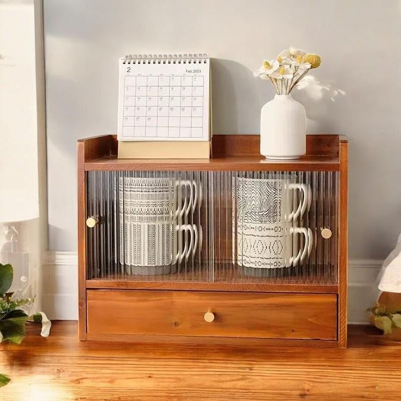 Solid Wood Tea Set Storage Box Desktop Cabinet with Sliding Glass Door Drawer