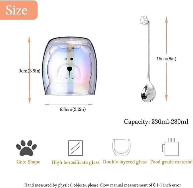 Cute Mugs Double Wall Glass Coffee Glass Cup Kawaii Bear Tea Milk Cup Funny Mug Animal Mug Aesthetic Cup for Office and Personal Birthday Gift (Iridescent Bear)