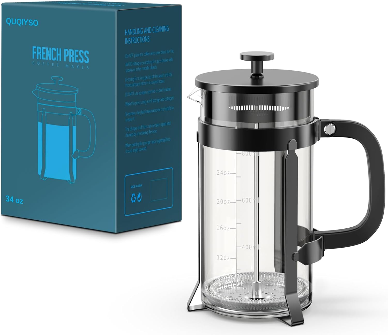 QUQIYSO French Press Coffee Maker 34oz 304 Stainless Steel French Press with 4 Filter, Heat Resistant Durable, Easy to Clean, Borosilicate Glass Coffee Press, 100% BPA Free Glass Teapot, Black - Blissbrew