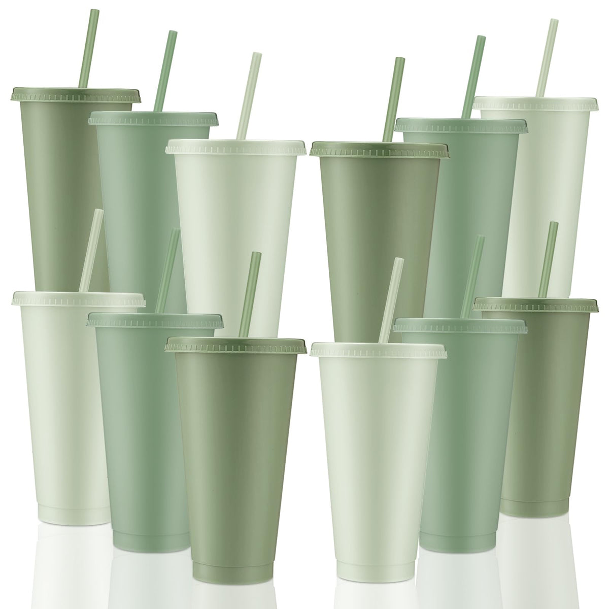 Set of 12 sage green plastic tumblers with lids and straws