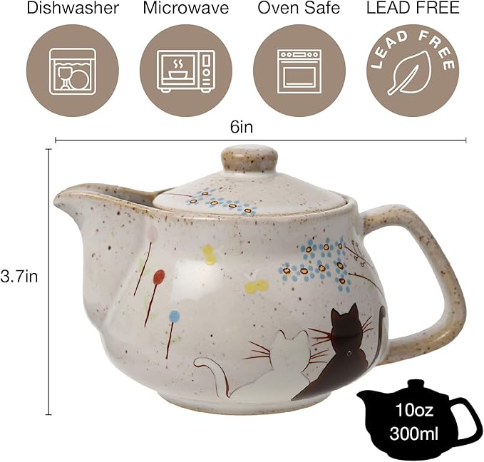 10oz Cat kyusu Kutani Yaki(ware) Japanese CeramicTeapot with Removable Infuser, Stovetop Safe Tea Kettle, Blooming and Loose Leaf Tea Maker Set (Cat, White)