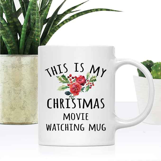 Andaz Press Christmas Winter Holiday 11oz. Coffee Mug, This is My Christmas Movie Watching Mug, Florals, 1-Pack, Cozy Christmas Hot Chocolate Cup Ideas for Him Her Coworker